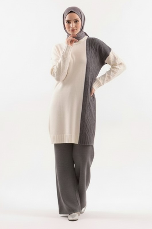 Parçalı Örgü Desen Triko Takım N7040 Antrasit