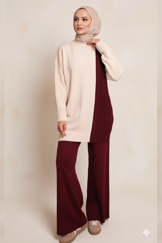 Parçalı Örgü Desen Triko Takım N7040 Bordo