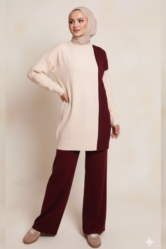 Parçalı Örgü Desen Triko Takım N7040 Bordo