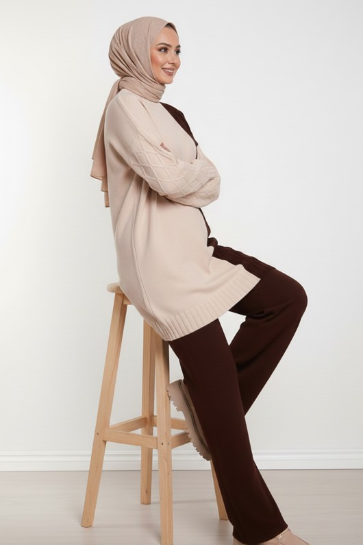 Parçalı Örgü Desen Triko Takım N7040 Kahverengi