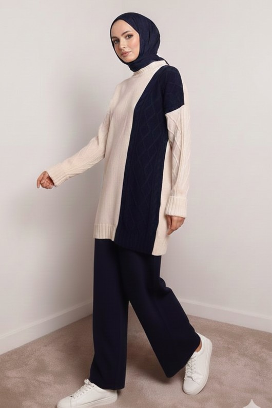 Parçalı Örgü Desen Triko Takım N7040 Lacivert
