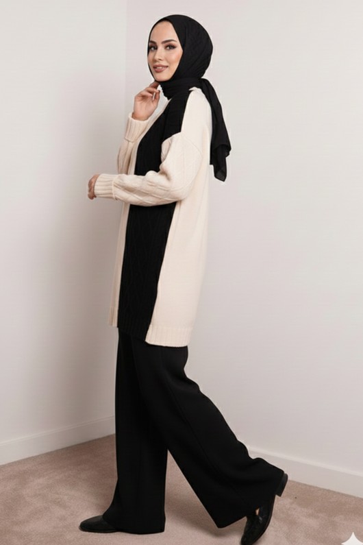 Parçalı Örgü Desen Triko Takım N7040 Siyah