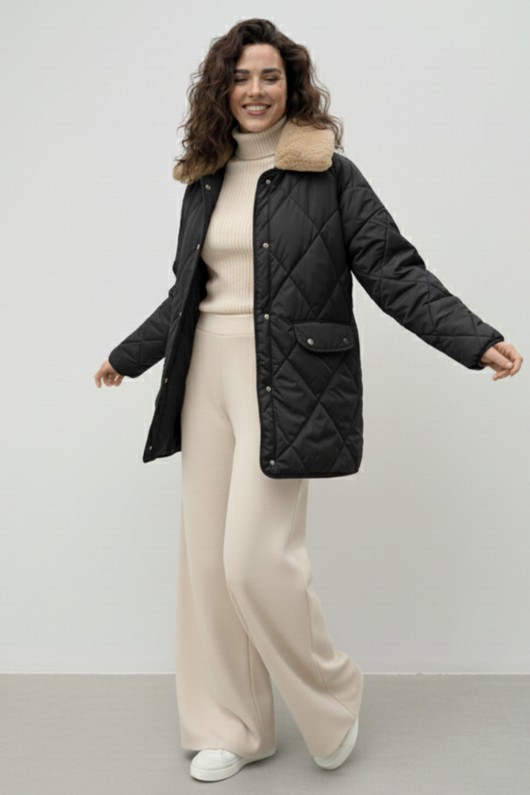 Yakası Kürklü Kapitone Mont K9180 Siyah