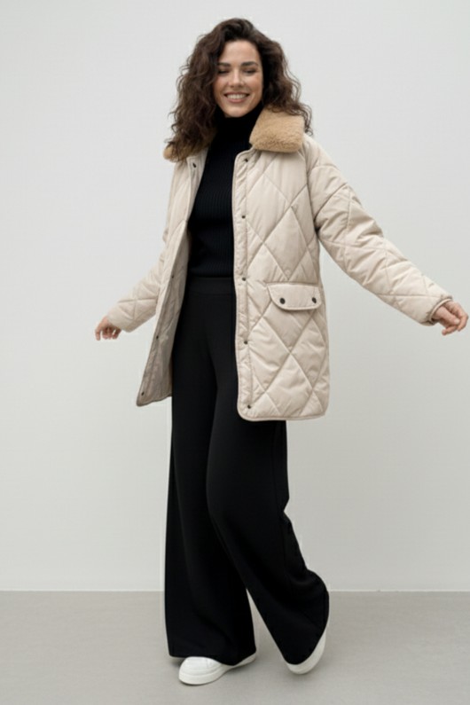 Yakası Kürklü Kapitone Mont K9180 Taş Rengi Yakası Kürklü Kapitone Mont K9180 Taş Rengi