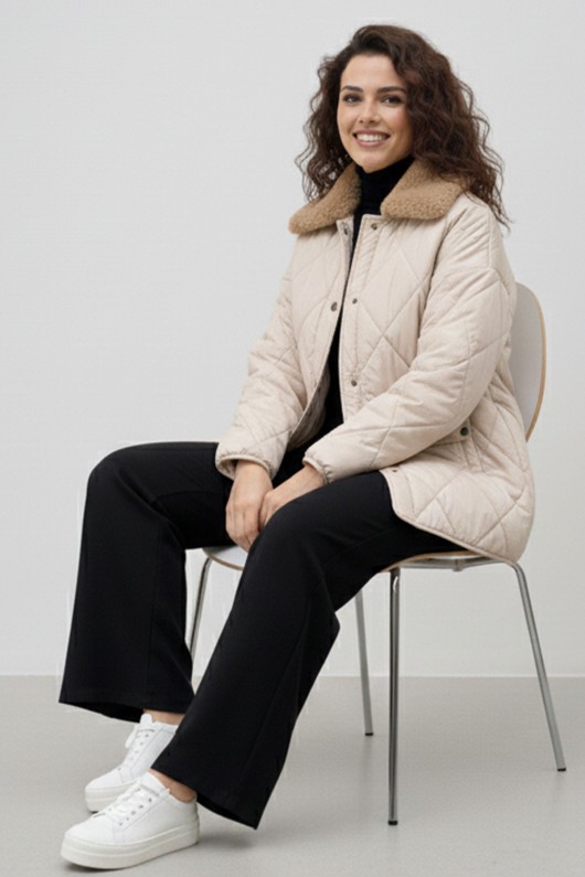 Yakası Kürklü Kapitone Mont K9180 Taş Rengi