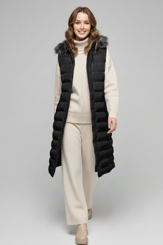 Şapkası Kürklü Şişme Yelek K9185 Siyah Şapkası Kürklü Şişme Yelek K9185 Siyah