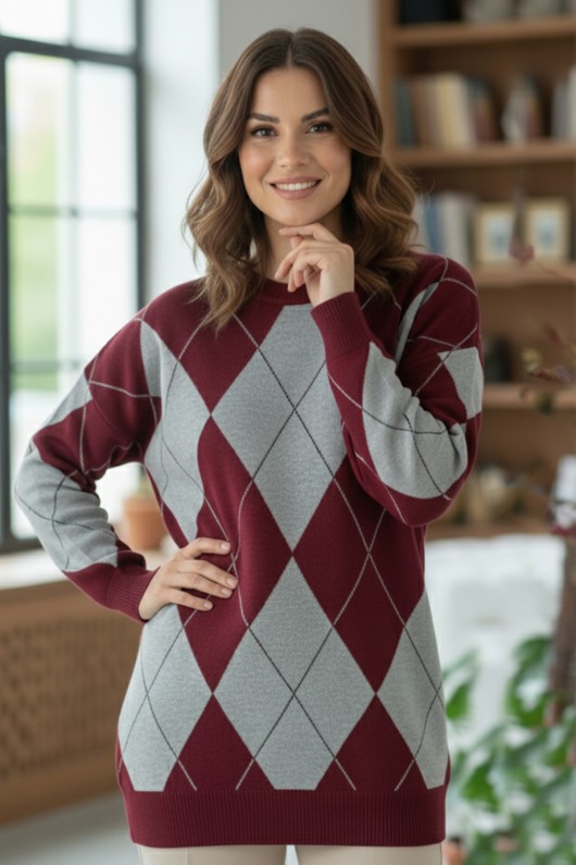 Baklava Desenli Triko Kazak N3027 Bordo Baklava Desenli Triko Kazak N3027 Bordo