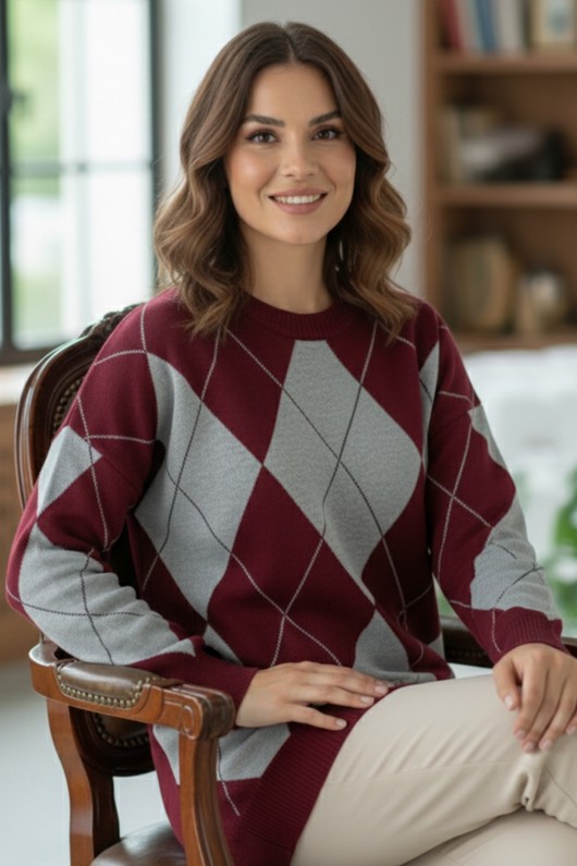 Baklava Desenli Triko Kazak N3027 Bordo