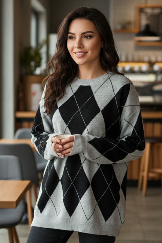 Baklava Desenli Triko Kazak N3027 Gri