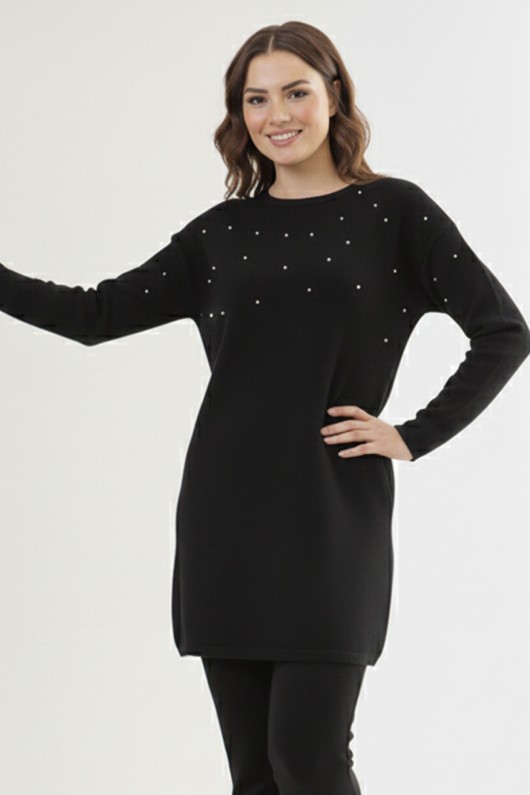 Taş Detaylı Triko Tunik P6205-1 Siyah Taş Detaylı Triko Tunik P6205-1 Siyah