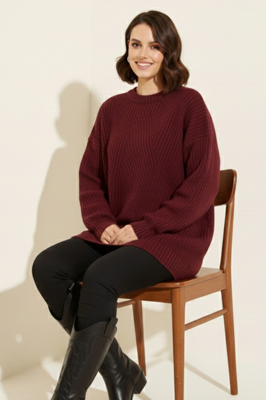 Kendinden Desenli Triko Tunik R4444 Bordo