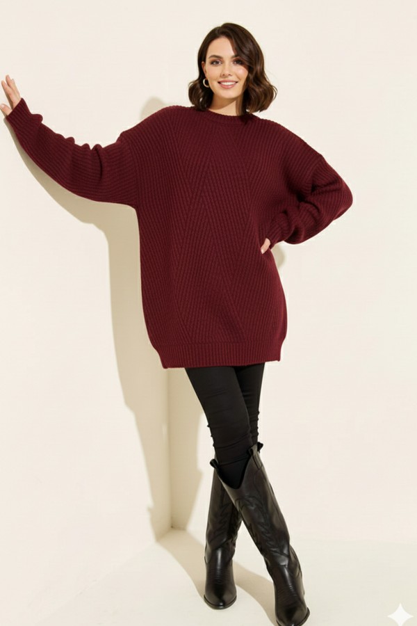 Kendinden Desenli Triko Tunik R4444 Bordo