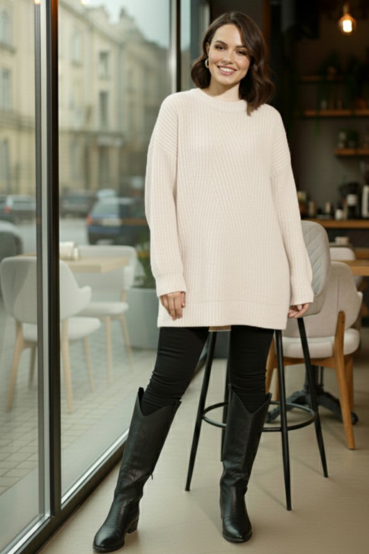 Kendinden Desenli Triko Tunik R4444 Ekru Kendinden Desenli Triko Tunik R4444 Ekru