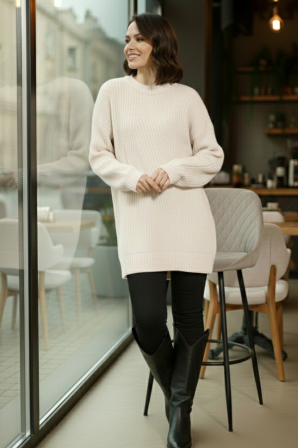 Kendinden Desenli Triko Tunik R4444 Ekru