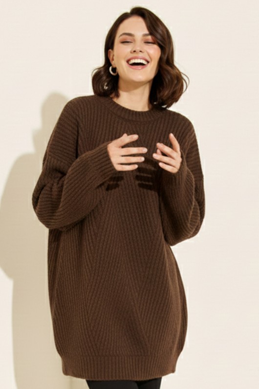 Kendinden Desenli Triko Tunik R4444 Kahverengi Kendinden Desenli Triko Tunik R4444 Kahverengi