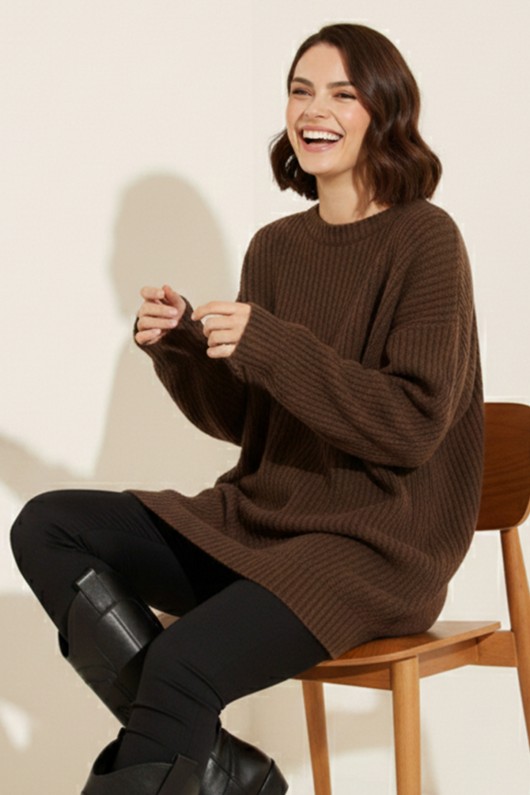 Kendinden Desenli Triko Tunik R4444 Kahverengi