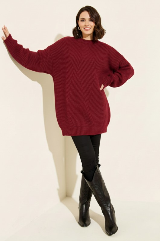 Kendinden Desenli Triko Tunik R4444 Kırmızı