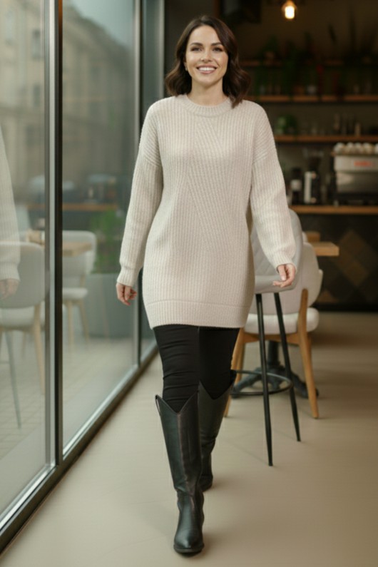 Kendinden Desenli Triko Tunik R4444 Taş Rengi