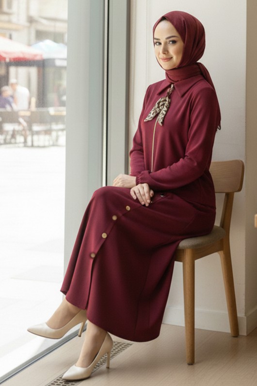 Fularlı Tesettür İkili Takım N7173 Bordo