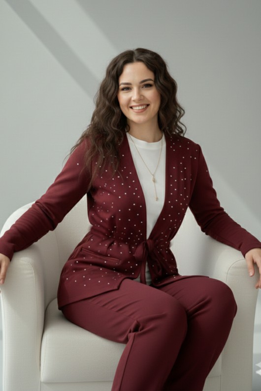 Taşlı Tesettür İkili Takım N7176 Bordo