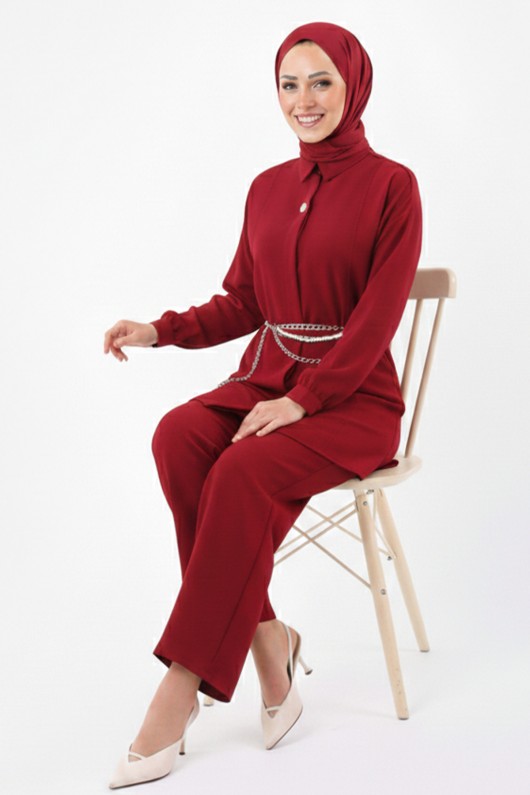 Broş Detaylı Tesettür İkili Takım N7178 Bordo
