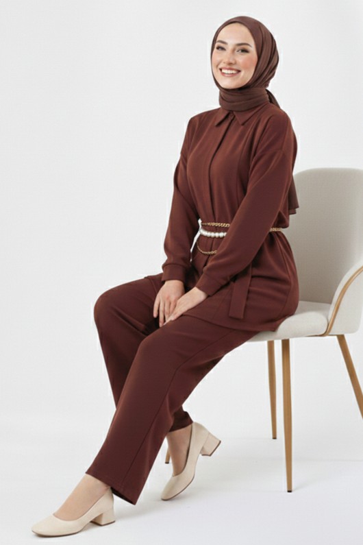 Broş Detaylı Tesettür İkili Takım N7178 Kahverengi