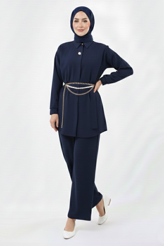 Broş Detaylı Tesettür İkili Takım N7178 Lacivert