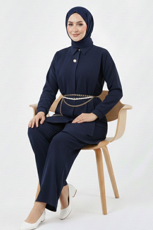 Broş Detaylı Tesettür İkili Takım N7178 Lacivert