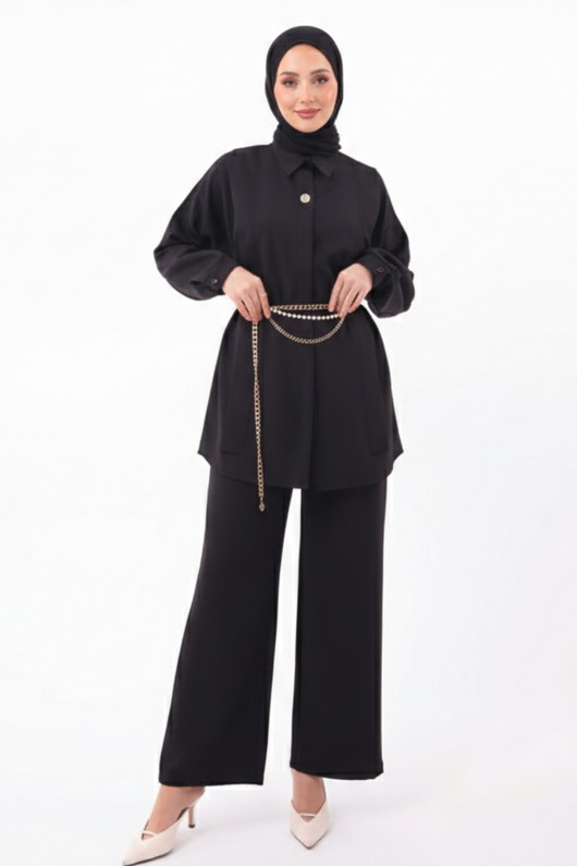 Broş Detaylı Tesettür İkili Takım N7178 Siyah