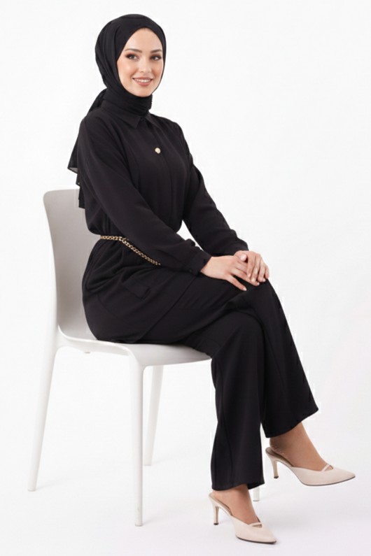 Broş Detaylı Tesettür İkili Takım N7178 Siyah