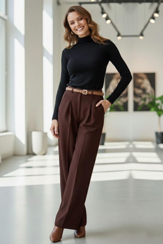 Kemerli Palazzo Kumaş Pantolon B30051 Kahverengi