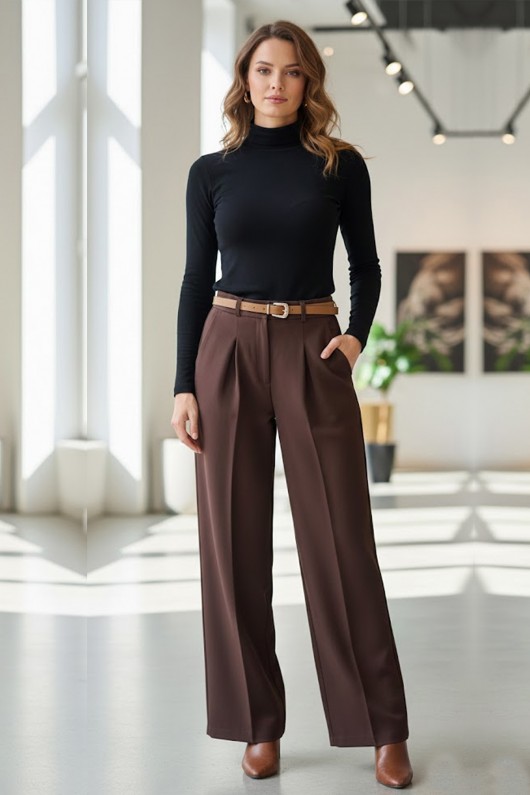 Kemerli Palazzo Kumaş Pantolon B30051 Kahverengi Kemerli Palazzo Kumaş Pantolon B30051 Kahverengi