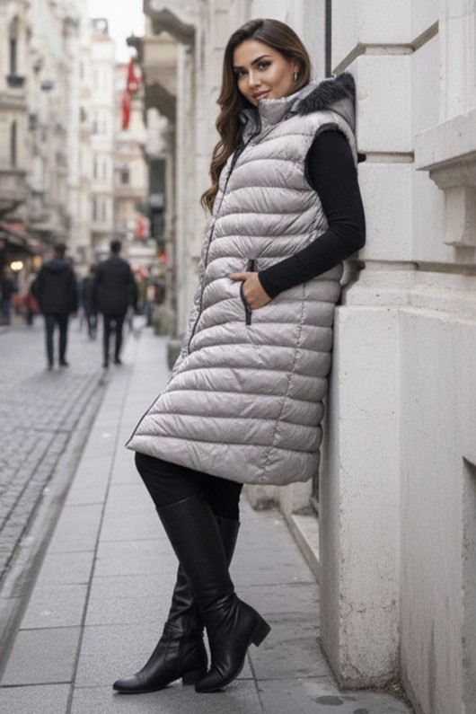 Uzun Şişme Yelek K9595 Gri