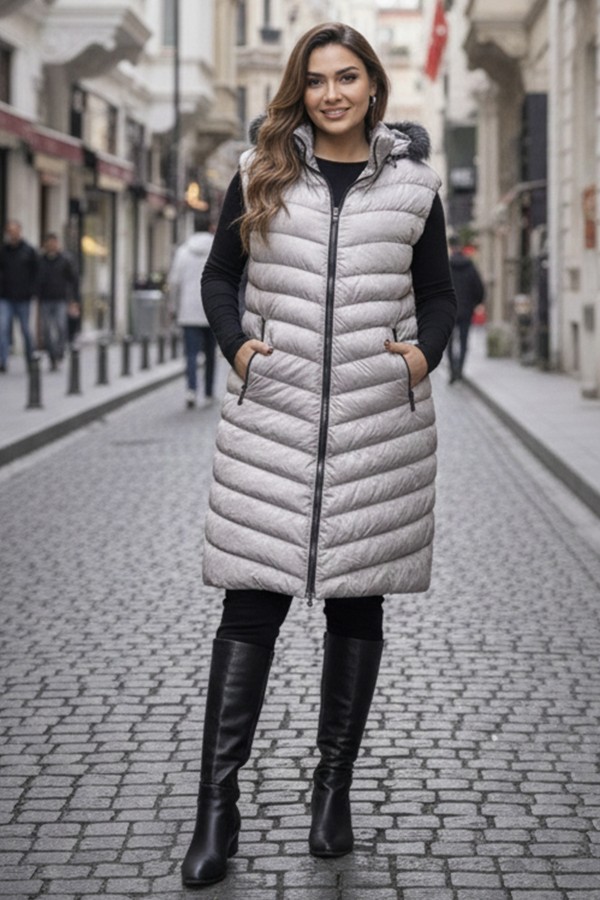 Uzun Şişme Yelek K9595 Gri Uzun Şişme Yelek K9595 Gri