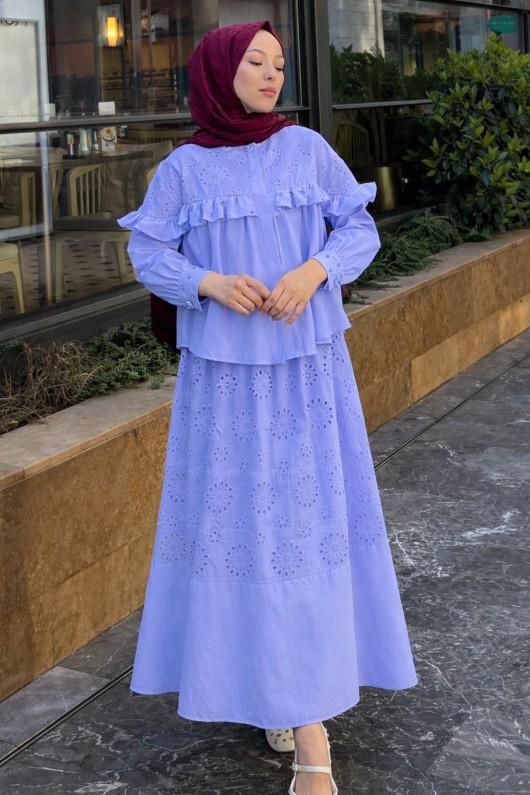 Taş Detaylı Brode Etekli Takım 3007 Mavi Taş Detaylı Brode Etekli Takım 3007 Mavi