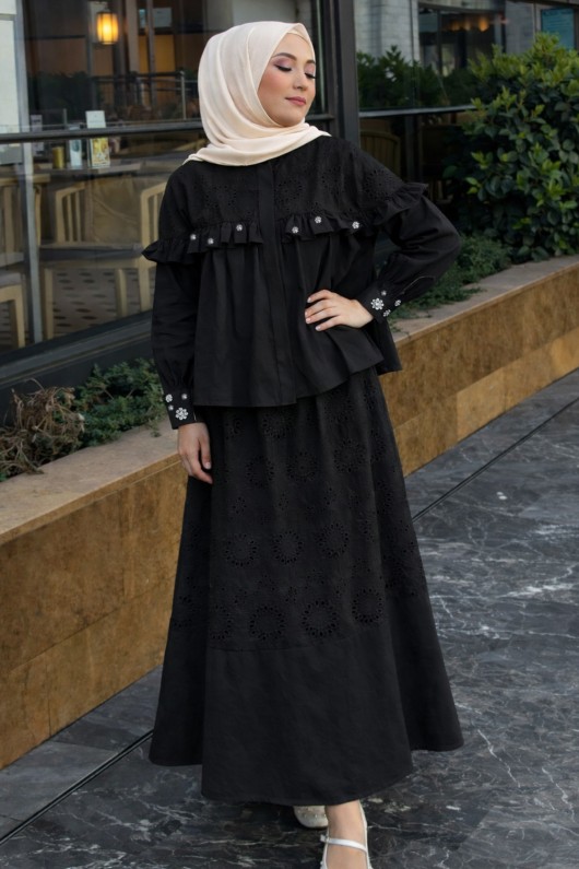 Taş Detaylı Brode Etekli Takım 3007 Siyah