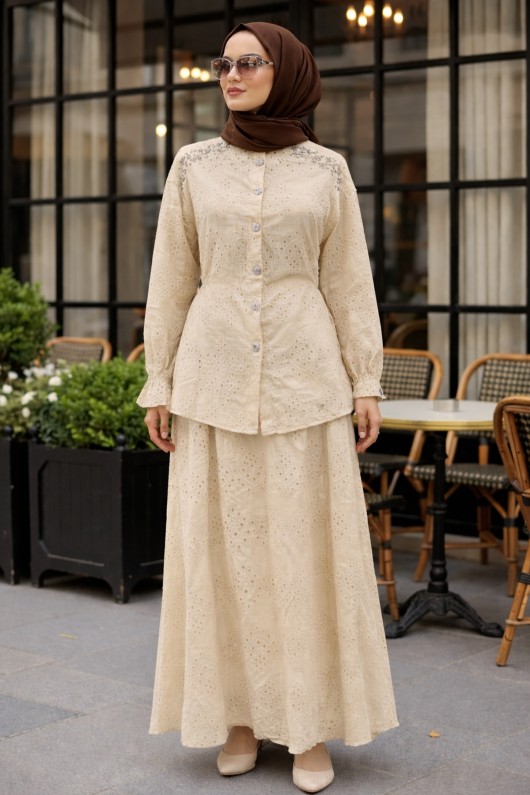 Fisto Taşlı İkili Takım A3005-1 Krem