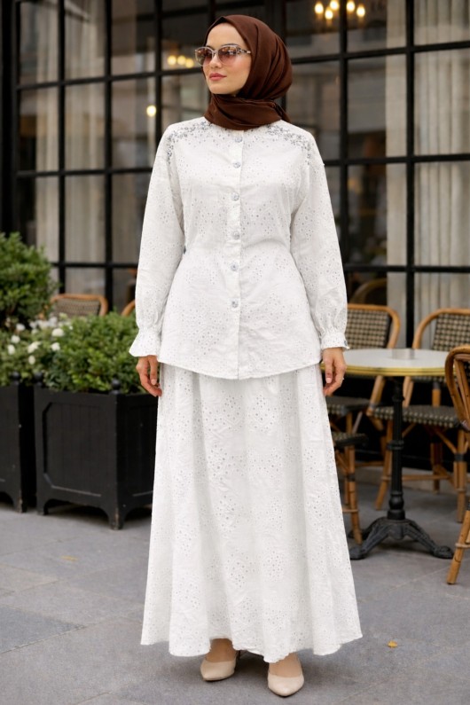 Fisto Taşlı İkili Takım A3005-1 Beyaz