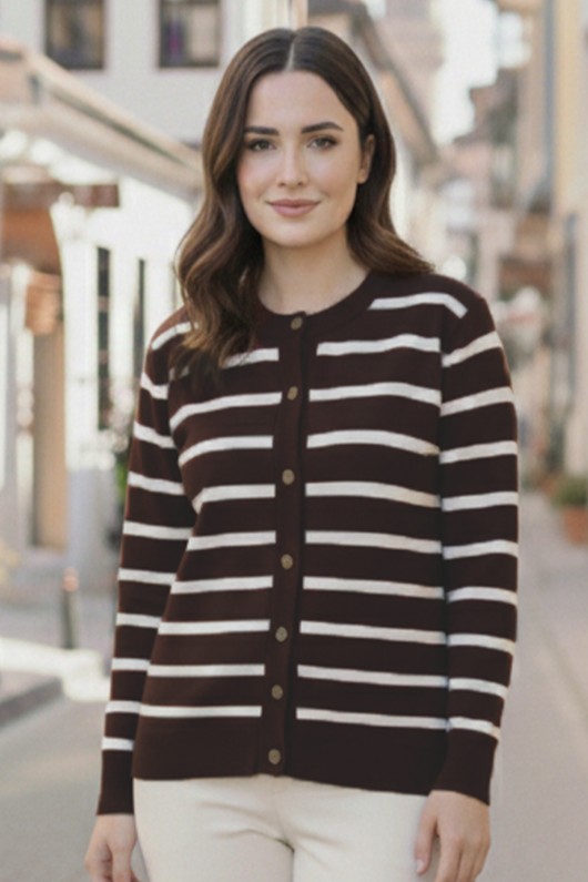 Çizgili Tesettür Hırka N3294 Kahverengi