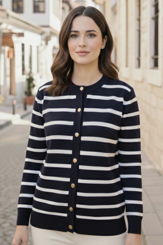 Çizgili Tesettür Hırka N3294 Lacivert