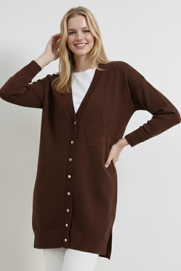 Çiçek Desenli Hırka N3302 Kahverengi