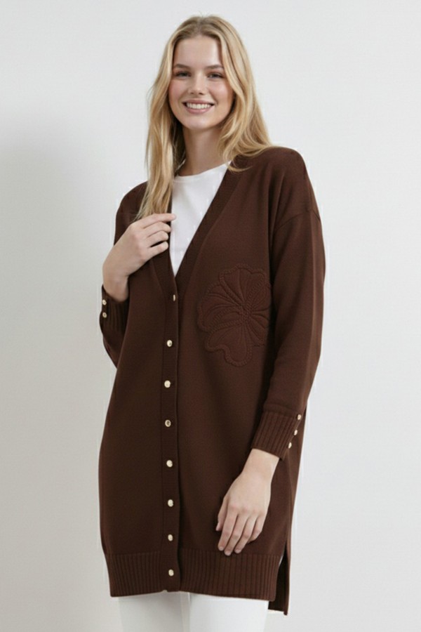 Çiçek Desenli Hırka N3302 Kahverengi