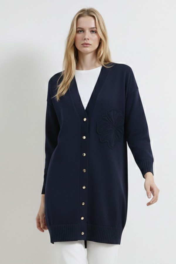Çiçek Desenli Hırka N3302 Lacivert