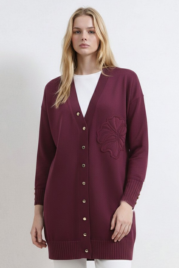 Çiçek Desenli Hırka N3302 Mürdüm