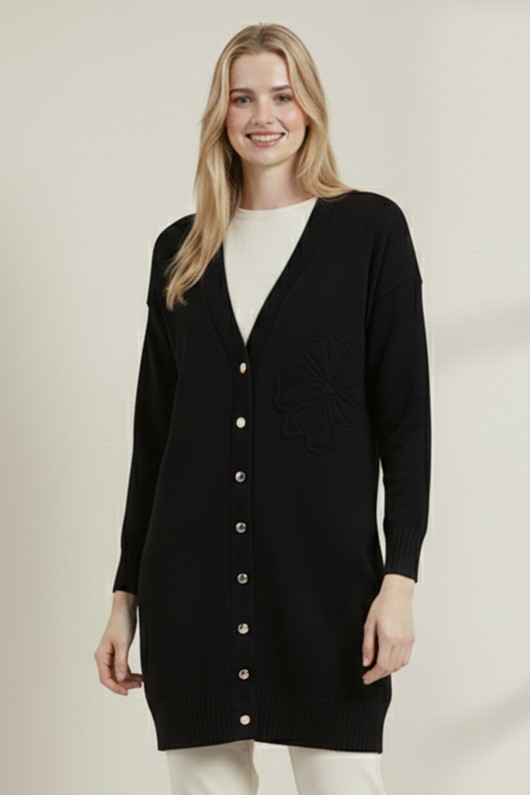 Çiçek Desenli Hırka N3302 Siyah