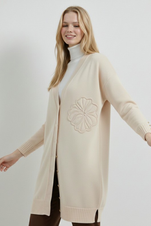 Çiçek Desenli Hırka N3302 Taş Rengi