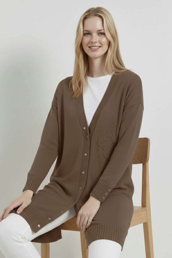 Çiçek Desenli Hırka N3302 Vizon