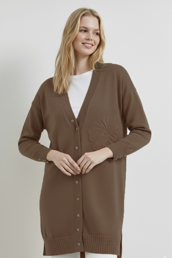 Çiçek Desenli Hırka N3302 Vizon