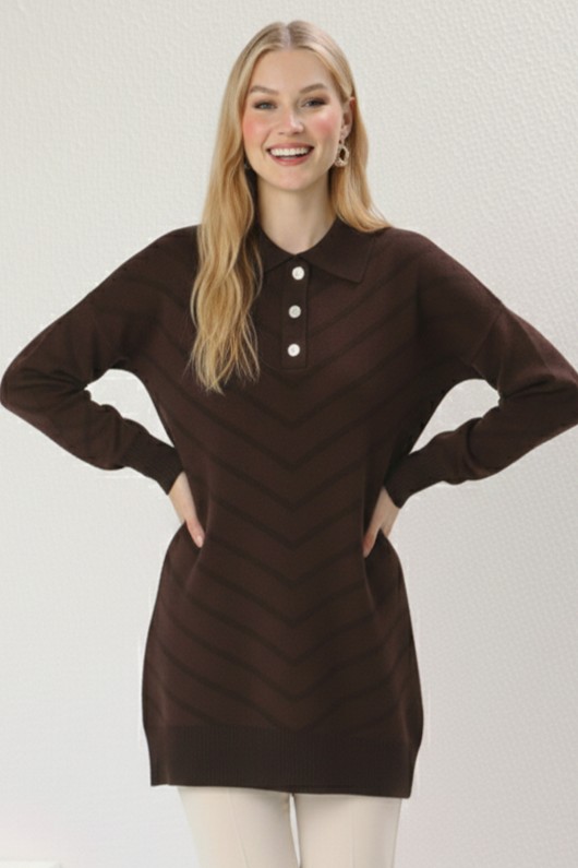 Desenli Tesettür Elbise N3304 Kahverengi