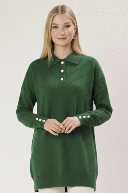 Desenli Tesettür Elbise N3304 Zümrüt Yeşili